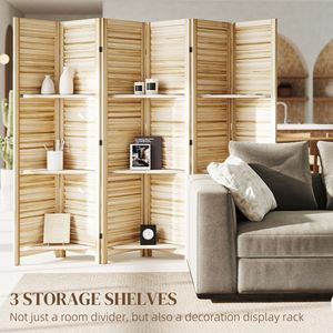 67\" Tall Natural Wood Privacy <b>Screen</b> Room Divider with 3 Shelves and Folding Storage 6 Panel <b>Screen</b> for <b>Bedroom</b> - Product Image 4