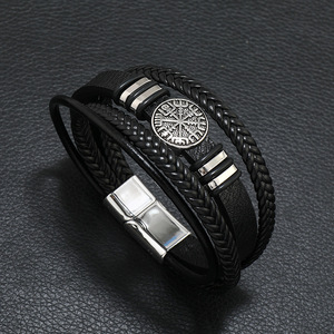 Vintage Multi-layer Braided PU <b>Leather</b> Bangle with Crystal & Rhinestone Compass Charm for Anniversary Gift Unisex A800893 - Product Image 4