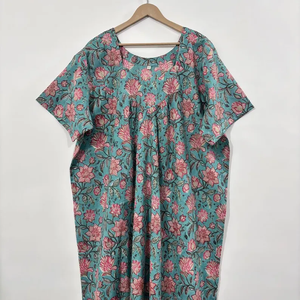 Vestido Kaftán de Algodón Indio con Cuello en V, Estilo Boho, Hecho a Mano con Estampado de Bloques, Manga Murciélago, Borde en Contraste, Corte Acampanado de Verano para Mujer - Product Image 5