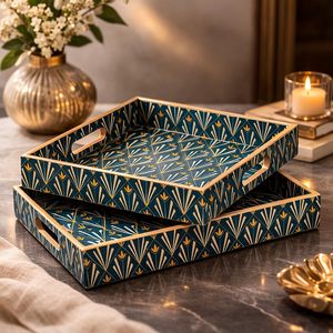 Wooden Serving <b>Tray</b> Set of 2 with Handles Square Decorative <b>Tray</b> Waterproof Tea Coffee <b>Snack</b> <b>Tray</b> Available for Restaurant Usage - Product Image 3