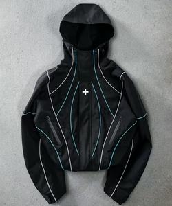 Chaqueta Deportiva Negra con Capucha para Hombre, Resistente al Viento, con Costuras Azules y Blancas y Cremallera Frontal, Corte Regular, para Otoño - Product Image 1