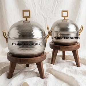 Luxury Hammered Hot Pot With Wooden Stand Stainless Steel Casserole Gold Handle Ramadan Gift - Product Image 2