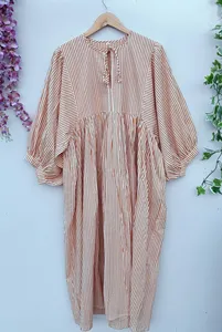 Women's <b>Loose</b> Fit Striped Print Midi <b>Dress</b> Tie Neck Puff Sleeve Casual Summer Woven Cotton Breathable <b>Dress</b> - Product Image 1