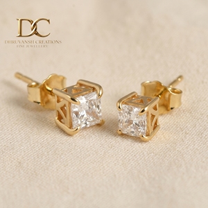 Designer 14KT Solid Yellow Gold IGI Certified Lab Grown <b>Diamond</b> <b>Square</b> Cut Stud <b>Earring</b> For Women Gift for Any Occasion - Product Image 3