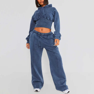 Ensemble décontracté 2 pièces pour femme : crop top à capuche en polaire bleu et pantalon de survêtement large, coupe ample, couleur unie, toutes saisons - Product Image 1