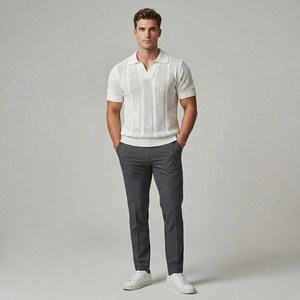 Polo de Manga Corta de Punto Blanco para Hombre, Color Sólido, Transpirable, Corte Casual Elegante - Product Image 2