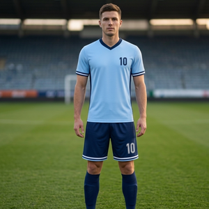 Uniforme de Fútbol Moderno de Dos Tonos Azules |   Jersey Azul Cielo Elegante con Ribete Azul Marino |   Uniforme de fútbol clásico con puños a rayas - Product Image 4