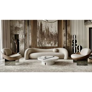 Ensemble de canapés modernes européens en teck massif, tissu de luxe, canapé 3 places, fauteuils d'appoint, table basse centrale, mobilier de salon - Product Image 1