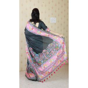 Sari en soie Tussar noire Elite Weaves avec bordure tissée Zari, imprimé floral, réversible, protection solaire, séchage rapide, hiver/été - Product Image 2