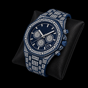 Reloj Cronógrafo Azul Marino con Incrustaciones de Piedras, Brazalete Completo con Piedras, Estilo Hip Hop de Lujo, Diseño de Reloj de Pulsera para Hombre - Product Image 1