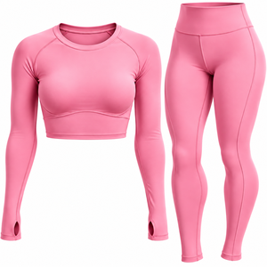 Conjunto de Yoga Ecológico de 3 Piezas para Mujer, Top Corto de Manga Larga, Leggings de Cintura Alta, Poliéster Reciclado, Absorbe el Sudor, para Gimnasio - Product Image 1
