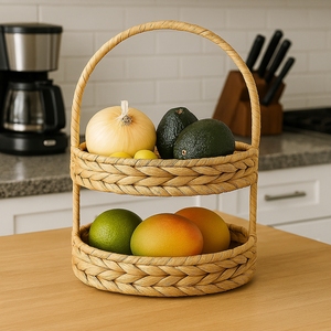 Water Hyacinth 2 Tier Woven Handmade Modern <b>Rustic</b> Vintage Storage Basket Natural Color Multifunction Home Kitchen Hotel Storage - Product Image 5