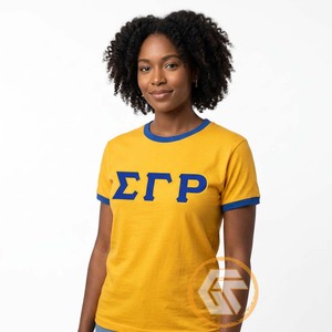 T-shirt sur mesure pour femmes de la sororité Sigma Gamma Rho, 100 % jersey, manches courtes, coupe classique, col rond, séchage rapide, collection Été - Trésors Grecs - Product Image 1