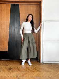 Pantalones Culottes de Algodón Verde Oliva de Cintura Alta para Mujer, Plisados, Holgados, Largos hasta el Tobillo, Estilo Casual de Primavera - Product Image 1