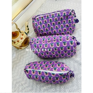 Cotton Quilted Floral Hand Block Print Toiletry <b>Bag</b> with Zip Closure Set of 3 Used as Cosmetic Travel Shaving Wash <b>Bags</b> Assorted - Product Image 1