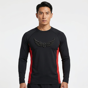Men's <b>Black</b> Long Sleeve Rash Guard With Red Side Panels Embossed <b>Wing</b> Logo Quick Dry Compression Shirt - Product Image 3