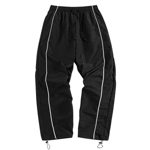 Custom Men Black Parachute Pants Polyester Drawstring Closure <b>Elastic</b> <b>Waist</b> Casual Sports <b>Trousers</b> - Product Image 1