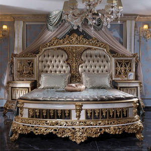Ensemble de meubles de chambre d'hôtel de luxe de style baroque européen, lit king size capitonné, table de chevet en acajou sculpté à la main, lit principal - Product Image 2