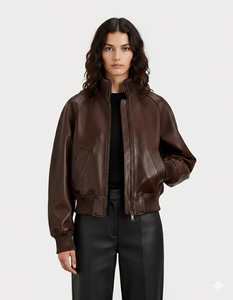 แจ็คเก็ตหนังทรงบอมเบอร์สำหรับผู้หญิง สไตล์ไบค์เกอร์คลาสสิก - Product Image 1