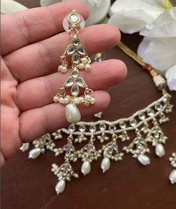 Trendy Women's Brass Gold Plated Pearl Zircon Bridal Necklace Set Matching Earrings Engagement Wedding Anniversary - Product Image 3