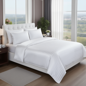 White 400 TC Satin Stripe Bed Sheet <b>Set</b> Waterproof Full Double Size Hotel Home <b>Comforter</b> Includes 4 Pcs-King Size - Product Image 3