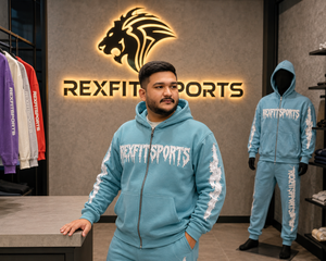 REXFITSPORTS 2026 Survêtement graphique bleu ciel pour homme avec fermeture éclair intégrale, en molleton de coton et polyester 280-300 GSM, personnalisable, style streetwear, comprenant un sweat à capuche et un pantalon de jogging - Product Image 4