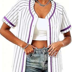 Camisa a rayas con botones y manga corta para mujer, cuello tipo camisa, corte regular, para todas las estaciones, ropa de poliéster - Product Image 6