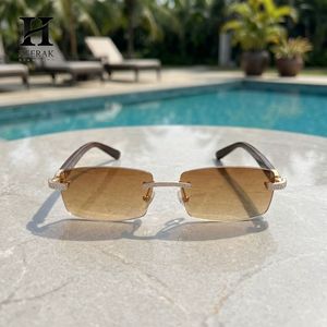 Luxury Rimless Rectangle Diamond <b>Sunglasses</b> Men Women <b>Gradient</b> Brown Tea Lens Wood Temple Iced Out Eyewear - Product Image 1