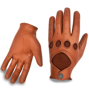 Gants de conduite sportifs en cuir marron faits à la main, demi-doigts, compatibles écran tactile, respirants, avec sangle de poignet réglable pour hommes - Product Image 4