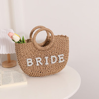 Tas Pantai Jerami Berhias Mutiara Custom dengan Inisial, Lapisan Kanvas Terbuka, Tahan Lama, Portabel, Dua Pegangan, untuk Wanita, Pengantin, Pernikahan