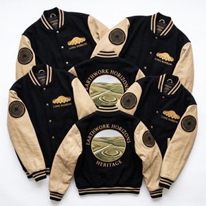 Blouson universitaire en laine bleu sarcelle avec broderie Inland Fleet Barge Tiller et manches en cuir marron, style bomber, vente en gros - Product Image 6