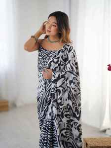 Sari moderne réversible à imprimé zèbre avec motif abstrait en polyester pour femme, tenue de soirée, longueur au sol, coupe classique - Product Image 3