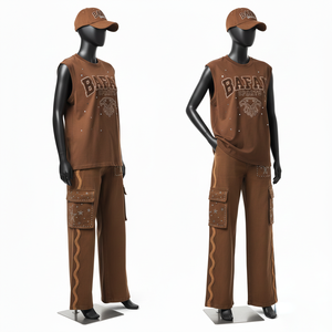 ชุดเซ็ตเสื้อยืดและกางเกงจ็อกเกอร์ผ้าฝ้ายผสมโพลีฟลีซคุณภาพสูง 230 GSM สีกรมท่าเข้ม พิมพ์ลายพร้อมสกรีนโลโก้ตามสั่งสำหรับผู้หญิง - Product Image 5