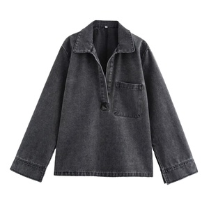 Autumn Women Stand Collar Casual Top Fashion High Waist Streetwear Denim Two Piece <b>Set</b> with Zipper - Product Image 1