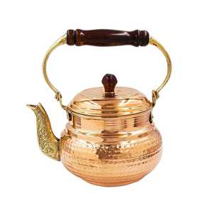 Handcrafted Hammered <b>Copper</b> Tea Kettle Wooden Handle Middle Eastern Design Double Wall Whistling Traditional Metal Serving Tea - Product Image 1