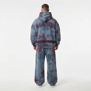 Men Blue <b>Burgundy</b> <b>Tie</b> Dye Zip Up Hoodie Wide Leg Pants Set Stud Detail Streetwear Tracksuit Custom OEM ODM - Product Image 4