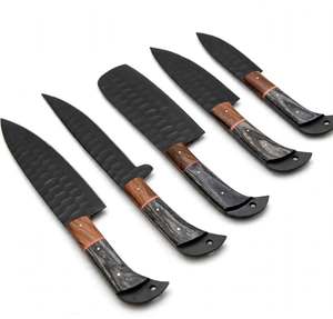 Juego de 5 utensilios de cocina artesanales de acero forjado con óxido negro, textura martillada de nido de abeja y mango de madera bicolor - Product Image 4