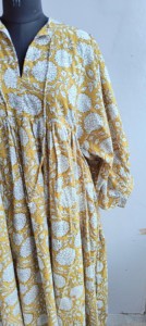 Vintage Yellow Floral Block Print Cotton Midi <b>Dress</b> with Puff Sleeves Tie-Neck <b>Loose</b> Fit Casual Summer <b>Dress</b> For Women - Product Image 4