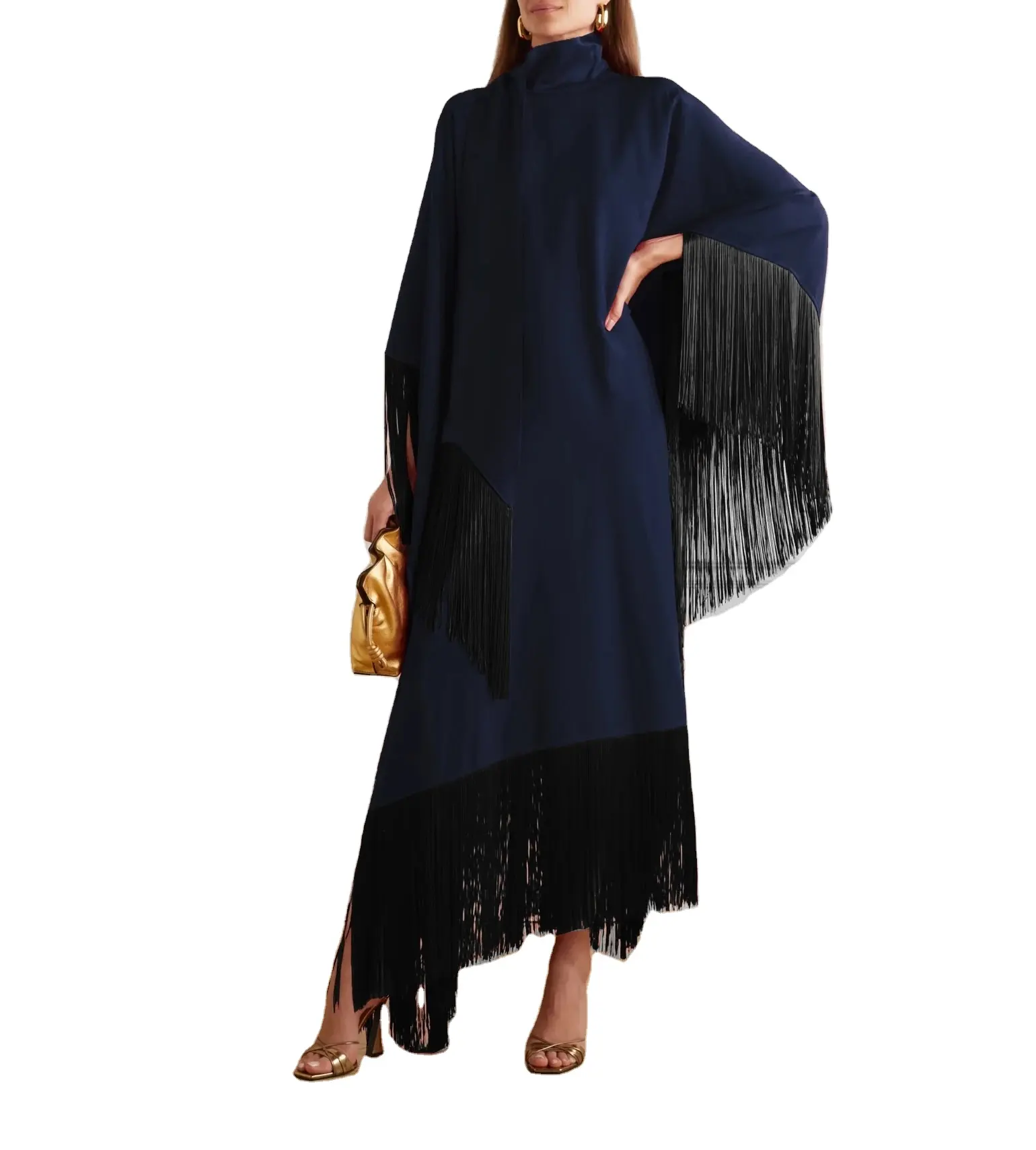 Marineblau und schwarz frisiert langer Bubu mit Frise Seide Boubou afrikanisches Bubu-Kleid Brautjungfernkleid für Damen