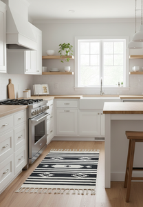 Tapis moderne rectangulaire en coton tissé et peluche, motif floral bicolore, lavable en machine, réversible, noir et blanc, pour la maison et les voyages - Product Image 2