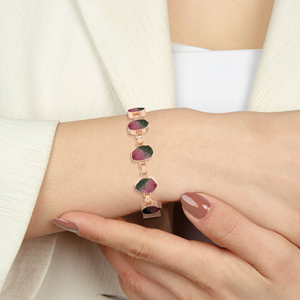 18K Solid Gold High Finish Trendy Unisex Bracelet Bezel Setting Chain Design Fish Lock Style Natural Watermelon Tourmaline Stone - Product Image 2