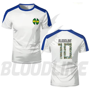Camiseta Blanca con Mangas Raglán Azules, Logotipo Verde y Amarillo, Transpirable, de Poliéster, para Hombre, Talla Adulto, Servicio OEM, BLOODLINE - Product Image 6