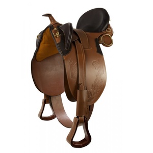 Selle d'équitation anglaise en cuir véritable marron avec arceau en fibre de verre et quincaillerie en acier inoxydable, siège souple pour l'équitation - Product Image 3