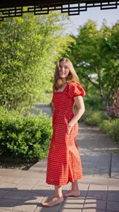 Robe longue en coton tissé sans col, manches courtes bouffantes, coupe ample, motif imprimé, pour femme, tenue de soirée d'été avec poches - Product Image 3