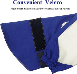 Mangas Protectoras de Cuero de Alta Calidad, Resistentes al Fuego y a los Cortes, para Soldadura, Color Azul, con Panel Blanco y Correa Negra - Product Image 5