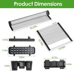 Égouttoir à vaisselle extra large en acier inoxydable, extensible et enroulable, avec 2 paniers à ustensiles amovibles, pliable pour évier - Product Image 6