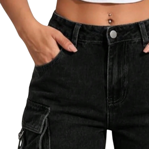 Shorts cargo en jean noir pour femme, coupe droite, avec poches utilitaires, style streetwear décontracté, respirant, séchage rapide, en coton et denim, pour l'été - Product Image 3