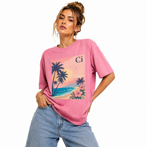 Pink Graphic Print Oversized Tee Crewneck women's shirt Short Sleeve Custom Embroidery OEM 100% Cotton Summer Boutique Everyday - Product Image 1