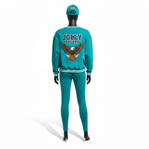 Conjunto cómodo de camiseta de manga larga de algodón polar de 220 GSM y leggings elásticos de spandex en verde azulado con logo personalizado serigrafiado. - Product Image 3