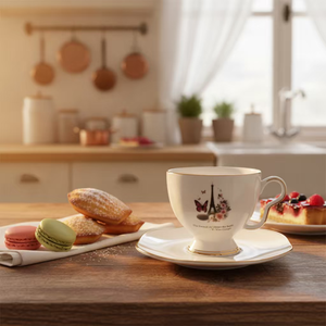 Luxury Ceramic Coffee <b>Cup</b> <b>Saucer</b> Set With Eiffel Tower Gold Trimmed with wordings The French air clears the Brain - Product Image 3
